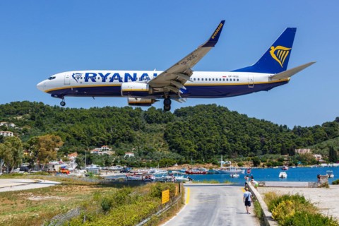 A Ryanair Boeing 737-800 aircraft with the registration SP-RSG at Skiathos Airport, Greece, Europe