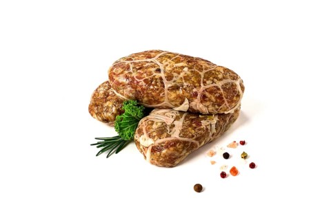 Traditional Cypriot Seftalia dish, raw, top view, on a white background, no people