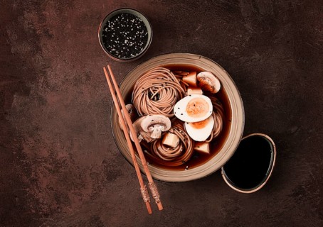 Asian soba soup, with mushrooms and egg, cheese, sesame seeds, homemade, no people
