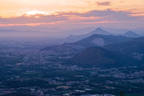 View of the densely populated Neapolitan region and the mountains near Caserta in the hazy evening