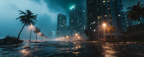 Hurricane destroys city shore, infrastructure and causing damage and floods, AI generated
