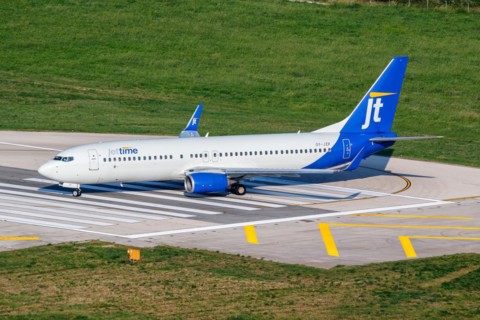 A Boeing 737-800 Jettime aircraft with the registration number OY-JZP at Split Airport, Croatia,