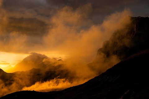 Montafon mountains with dramatic cloudy sky at sunset, Tschagguns, Rätikon, Montafon, Vorarlberg,