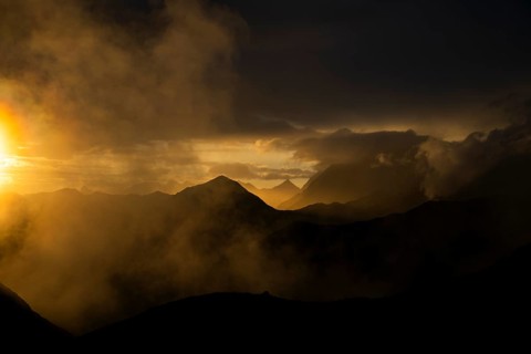 Montafon mountains with dramatic cloudy sky at sunset, Tschagguns, Rätikon, Montafon, Vorarlberg,