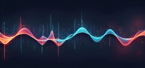 Abstract illustration of digital wave forms and circuits converging to form abstract symbols of