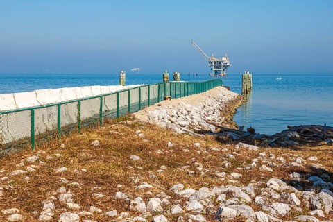 Offshore rigs near the Mobile Bay Ferry dock at Fort Morgan, Alabama, USA, North America