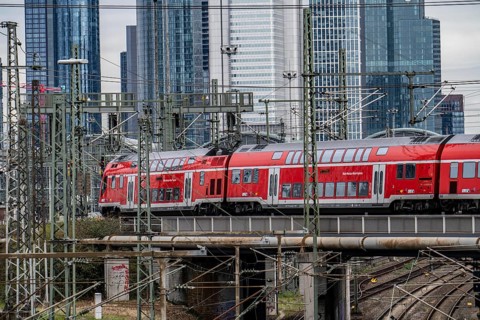 Regional train on the track in front of Frankfurt am Main main station, Skyline, Hesse, Germany,