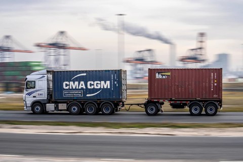 Container lorry, bringing containers to Euromax Container Terminal, the seaport of Rotterdam,