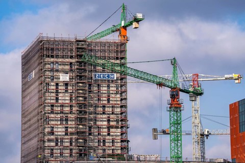 Construction sites in the east of Hafencity Hamburg, office building, new district on the Elbe, on