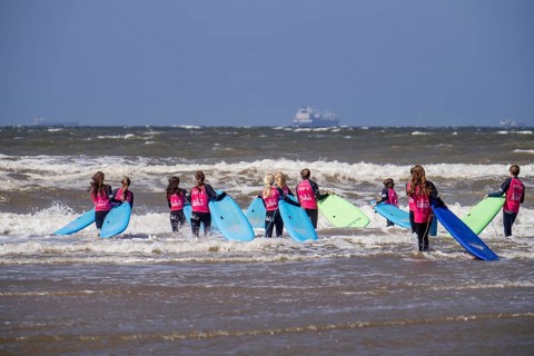 Course for surfers, surfing beginners, on the beach of Scheveningen, Netherlands