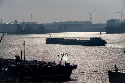 Cargo ships, tankers in the seaport of Rotterdam, in the petroleum harbour, Europoort, Rotterdam,