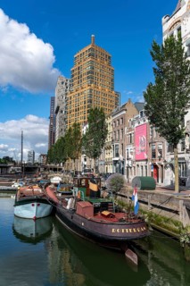 Rotterdam city centre, Oudehaven, historic harbour, historic ships, modern city backdrop,