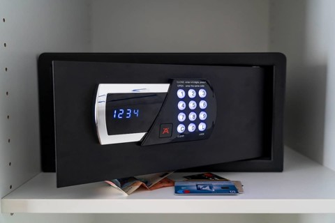 Hotel safe, for the secure storage of valuables in the hotel room, with PIN number, keypad
