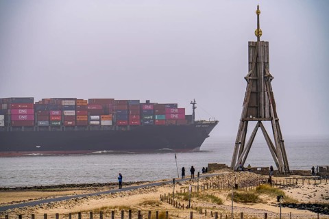 Thick fog in winter, hangs over the mouth of the Elbe into the North Sea, sea mark and landmark