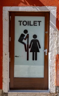 Entrance door to a public toilet, funny, pictogram with man looking over a partition wall at a