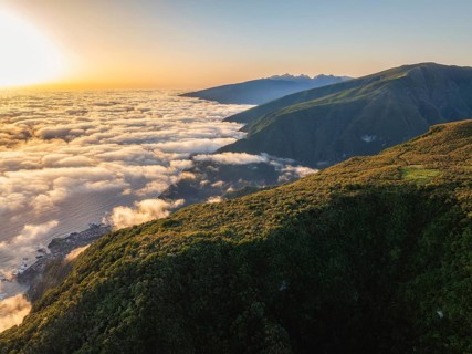 Aerial view of sunrise above clouds and green hills at Fanal mountain, Madeira island, Portugal,