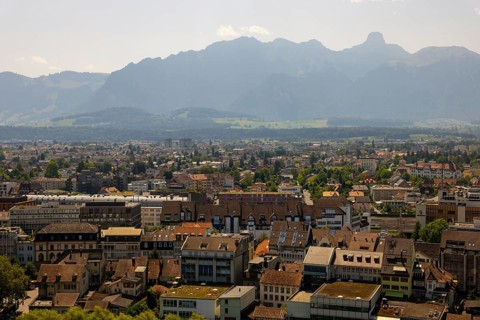 Aerial View over City of Thun and Mountain in a Sunny Day in Bernese Oberland, Bern Canton,