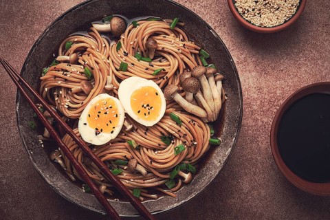 Buckwheat noodles, soba, with shimeji mushrooms, boiled egg, green onion, sesame seeds, homemade,