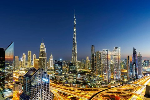 Burj Khalifa skyline tallest building in the world from above at night in Dubai, United Arab