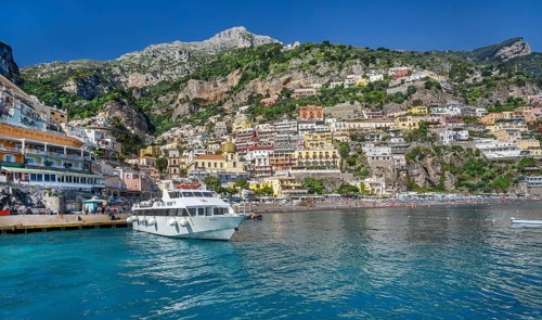 View from the boat of the village on the cliffs above the sea, Positano, Amalfi Coast, Amalfitana,