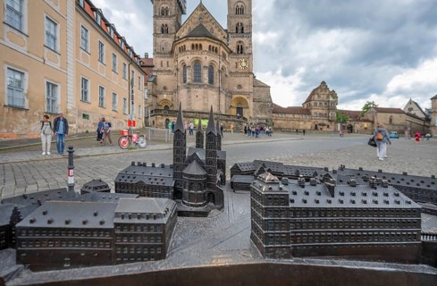 Bronze model of Bamberg Cathedral and Old Town on the cathedral square, behind the cathedral,