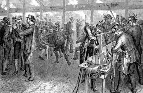The German shooting festival in Stuttgart, Bundesschießen, In der Schießhalle, 1875, Historical,