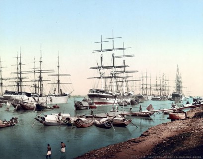 Sailing ships in the harbour of Kolkata, Calcutta, India, Historic, digitally restored reproduction