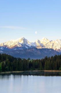 Hegratsrieder See near Füssen, Allgäu Alps, snow, moon, dawn, Allgäu, Bavaria, Germany, Europe