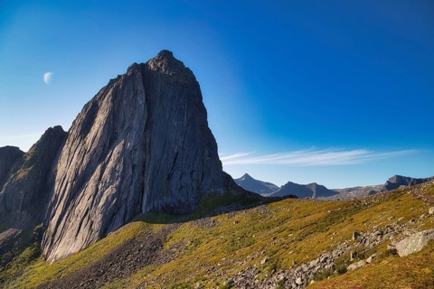 Steep mountain Segla, fjord Mefjorden with Bergen, island Senja, Troms, Norway, Europe