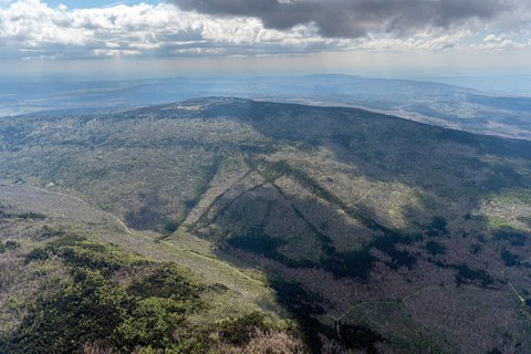 Aerial photo, Harz Mountains with Brocken, forest dieback