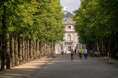 The Jägerhofallee in the Hofgarten, the central municipal park in Düsseldorf, view of Jägerhof