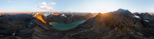 Evening mood, mountain panorama, aerial view, 4000 metre peak with glacier, mountain pass and