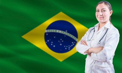 Female doctor on Brazil flag. Doctor with crossed arms on Brazilian flag. Brazilian Health and Care