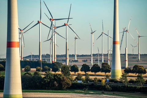Wind farm near Bad Wünnenberg, Ostwestfalen Lippe, along the A44 motorway, North Rhine-Westphalia,