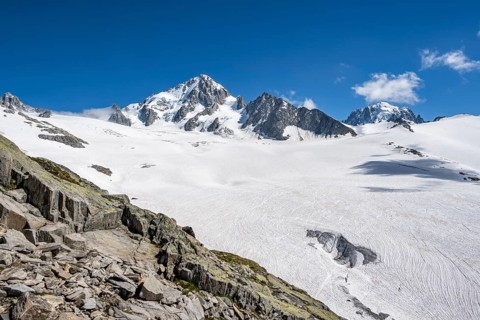 High alpine mountain landscape, Glacier du Tour, glacier and mountain peak, summit of the Aiguille