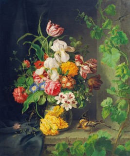Colourful bouquet of flowers in a vase, sparrow and grapevine on a windowsill, painting by Josef
