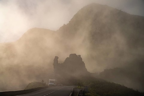 The volcanic rocks of Los Roques in the fog, La Gomera Island, Canary Islands, Spain, Europe
