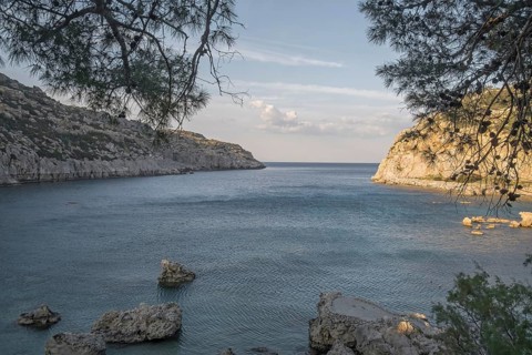 View of Anthony Quinn Bay, Faliraki, Rhodes, Dodecanese, Greece, Europe
