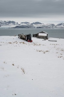 Historic mine railway in winter landscape, Kongsfjord, Ny-Ålesund, Spitsbergen Island, Svalbard and