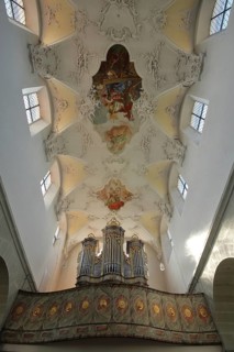 Interior view with organ and ceiling fresco, wall painting, of the UNESCO Carolingian St Peter and