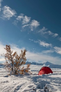 Tent in mountain landscape, Sarek National Park, Laponia World Heritage Site, Norrbotten, Lapland,