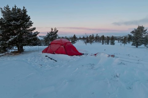 Tent in mountain landscape, Sarek National Park, World Heritage Laponia, Norrbotten, Lapland,