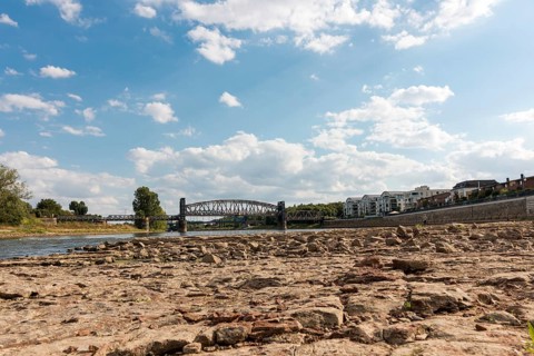 Dried-out riverbed of the Elbe, historic lift bridge, Magdeburg, Saxony-Anhalt, Germany, Europe
