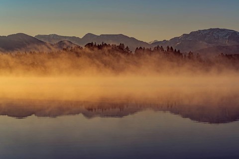 Autumnal morning atmosphere at Schmutter Weiher with fog near Lechbruck, Halblech and Roßhaupten in