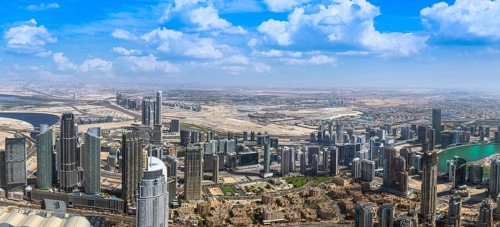 UAE, Dubai panoramic skyline view of city downtown and Dubai Mall