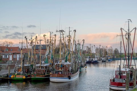 Crab cutter in the harbour of Greetsiel, the largest cutter fleet in East Frisia, Greetsiel, East