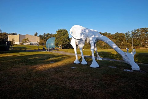 White giraffe, sculpture by Sina Heffner on the south head with Scharoun Theatre and Planetarium,