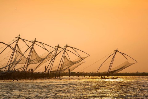 Chinese fishing nets, sunset, Arabian Sea coast, Fort Cochin, Kochi, Kerala, South India, India,