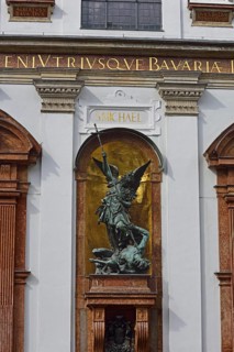 Europe, Germany, Bavaria, City, City of Munich, Neuhauser Straße, St Michael's Church, Statue of St