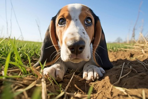 A close-up shot of a playful Basset Hound puppy with floppy ears, exploring the outdoors, AI